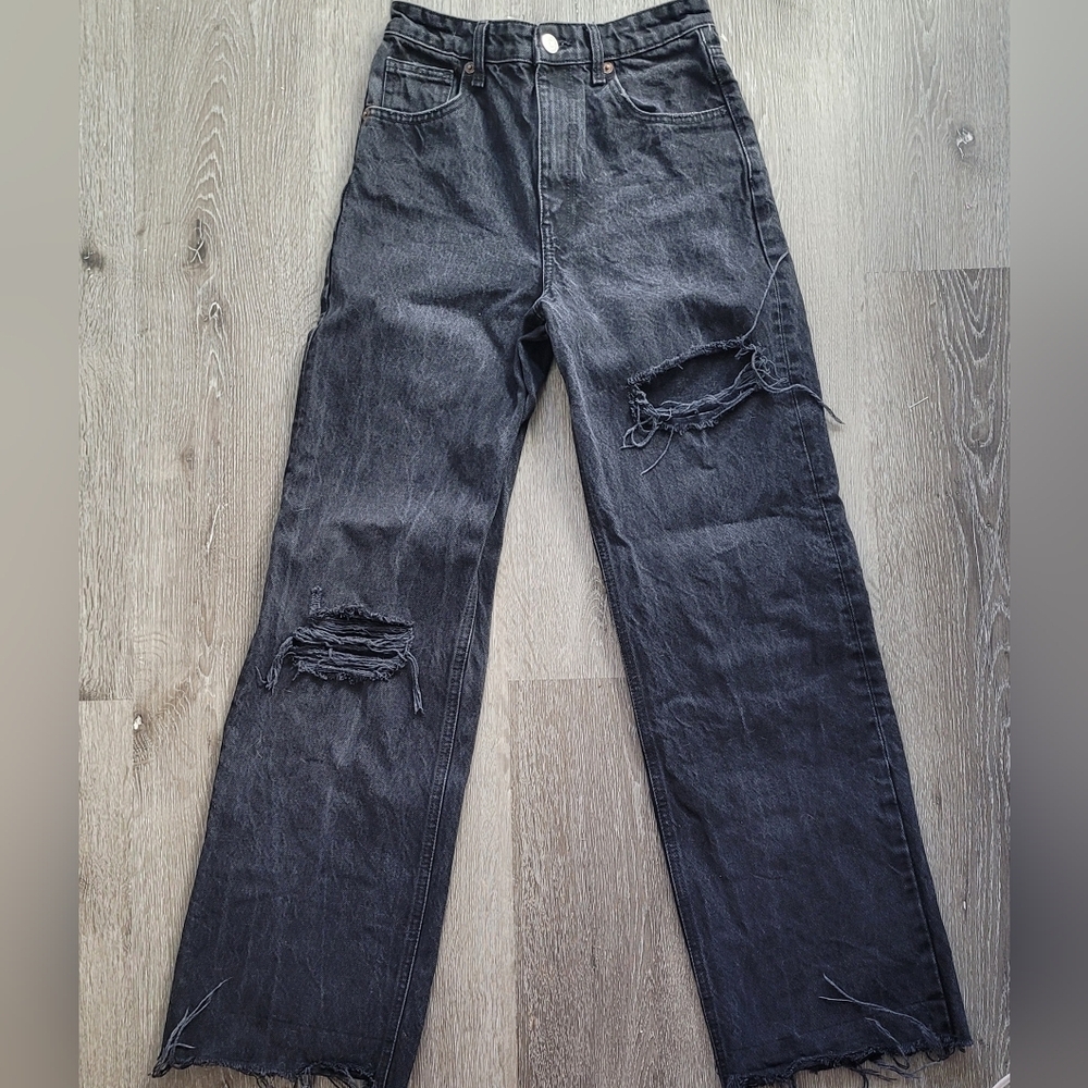 Zara Black Wide Leg Flare Jeans with Distressed Details